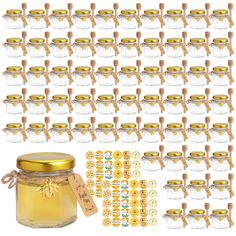 a jar filled with lots of gold coins next to a bunch of small glass jars