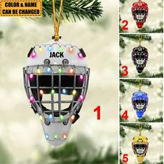 an ornament shaped like a hockey goalie's mask with lights on it