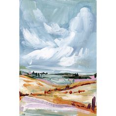 an abstract painting of clouds over a landscape