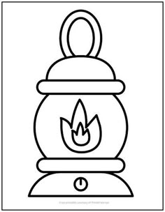 a black and white drawing of a lit lantern with flames on the front, in a square