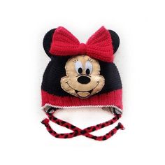 a red and black hat with a mickey mouse face on it's front side