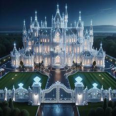 an aerial view of a castle lit up at night with the lights on and gates open