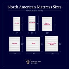 the north american mattress sizes are shown in red, white and blue with measurements for each bed