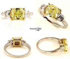 “If gems are the flowers of the mineral kingdom, fancy color diamonds are the orchids” (R. J. Huay, 1817).A Superb ESTATE 3 STONE NATURAL FANCY "Canary" Yellow Radiant cut GIA 2.52ctw DIAMOND Ring.The Center Diamond is 2.03CT in Natural Fancy Light Yellow color, VS1 clarity (very clear), SUPER BRILLIANT, appears nice BRIGHT SATURATED Yellow, GIA Certified.It is set uniquely east-west into a Wonderful Designer Platinum and 18k (stamped) trilogy style setting with 2 large asscher cut diamonds, est Luxury Three Stone Diamond Yellow Jewelry, Luxury Three Stone Yellow Diamond Jewelry, Yellow Radiant Cut Jewelry For Wedding, Radiant Cut Yellow Jewelry For Wedding, Formal Three Stone Yellow Jewelry, Formal Yellow Three Stone Jewelry, Best Diamond Rings, Ring 3 Stone, Light Yellow Color