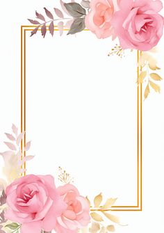 pink roses and leaves are arranged in a gold frame on a white background with an empty space for the text