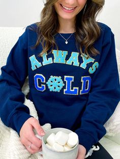 Always Cold Letter Patch Crewneck Sweatshirt – United Monograms Patch Crewneck, Fun Patches, United Monograms, Patch Sweatshirt, Cricket Ideas, Lilly Inspired, Long Sleeve Baseball Tee, Diy Shirts, One Friend