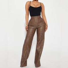 High Waisted Washed Faux Leather Dress Pants. Runs Big. Pants Are Extremely Long (Tall Girl Friendly). Zipper In The Back For Access. High-waisted Faux Leather Pants, Solid High-waisted Faux Leather Pants, Solid Faux Leather High-waisted Pants, Solid Color High-waisted Faux Leather Pants, High-waisted Faux Leather Pants In Solid Color, High Waist Solid Faux Leather Pants, High-waist Solid Faux Leather Pants, Non-stretch High Waist Faux Leather Bottoms, Chic Non-stretch Brown Pants