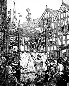 black and white drawing of people in an old town