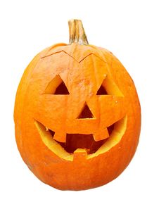 an orange pumpkin with two faces carved into it's sides, on a white background