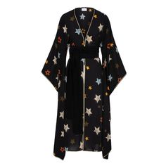 The Ohkizaki Hoshi Star Kimono is a playful addition to any wardrobe, perfect for festivals or casual outings. Adorned with colorful stars, it offers endless possibilities for mixing and matching with different colors and garments. Whether thrown over jeans, shorts, or simple tank tops, this kimono adds a touch of whimsy and charm to any ensemble, inviting wearers to embrace their playful side. Cold Water Handwashing: Save Energy: No heating needed, reducing energy use, Conserve Resources, Uses less water and energy, Fabric Friendly: Retains color and shape, Reduce Microplastics: Releases fewer microplastics.  Dry Cleaning:  Use a Green dry cleaner with eco-friendly solvents. Black Summer Party Kimono, Black Fall Party Kimono, Star Kimono, Black Joy, Ceremonial Clothing, Simple Tank Tops, Spring Suit, Gifts For New Mums, Pearl Jewellery Earrings