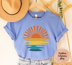 Retro Style Tropical Sunset Shirt, Vintage Palm Tree Shirt, Colorful Glitch T-Shirt, Nature Shirt, Palm Beach Shirt, Cute Unisex Graphic Tee Hello, I am Daisy, the owner of  Daisy Tee US .Welcome to my shop, a heaven of creativity and warmth, where family and passion come together to bring you delightful t-shirts! We believe in the power of a t-shirt to not just elevate your style but also to create cherished memories with your loved ones. That's why we pour our hearts into every detail, ensurin Summer Cotton Shirt With Sublimation Print, Trendy Blue Top With Custom Print, Retro Custom Print Summer Tops, Blue T-shirt With Custom Print For Summer, Blue Top With Custom Print For Summer, Summer Cotton Tops With Sublimation Print, Blue Tops With Custom Print For Summer, Summer Crew Neck Tops With Custom Print, Cotton Summer Tops With Sublimation Print