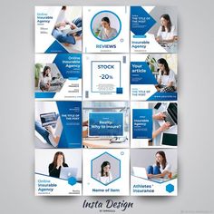 a blue and white brochure with images of women working on laptops