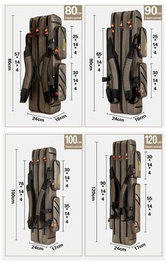 four pieces of luggage are shown with measurements for each bag and the size to fit them