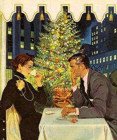 a man and woman sitting at a table in front of a christmas tree eating food