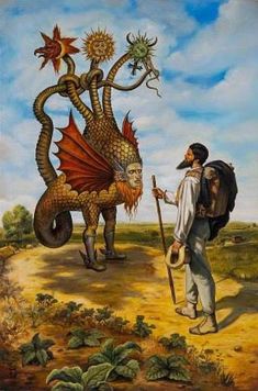 a painting of a man with a dragon on his back and another person holding a stick