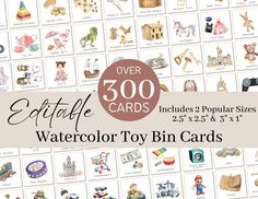 the watercolor toy bin cards are available for $ 3 and $ 4 each with different pictures