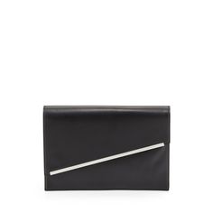 Smooth faux-leather envelope clutch.Silver hardware includes flap-edged logo bar.Asymmetric flapHidden magnetic closures.Inside, one small and one large slip pocket.PolyurethaneFaille lining.11"H x 7"W x 1"D.Weighs approx. 1lb. Modern Business Clutch Flap Bag, Modern Business Flap Clutch Bag, Modern Formal Clutch With Silver-tone Hardware, Modern Clutch With Magnetic Closure, Modern Rectangular Clutch For Work, Modern Black Clutch For Workwear, Modern Envelope Clutch For Everyday, Modern Rectangular Clutch With Silver-tone Hardware, Modern Clutch With Silver-tone Hardware