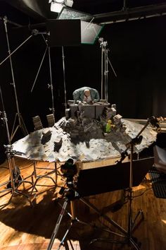 a camera set up in front of a model of the moon