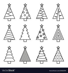 twelve christmas trees with different shapes and colors