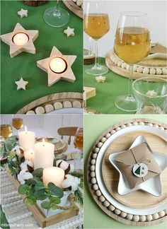 a collage of photos with candles, plates and star decorations on them in various stages of being decorated