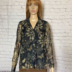 Long Sleeve Button Front Closure Lace Fabric Lined 80% Nylon, 20% Spandex Size S Length: 25.5'' , Pit To Pit: 19'' New With Tag B-20(8) Tops With Gold Buttons For Workwear, Fitted Gold Top With Button Closure, Fitted Yellow Blouse With Button Closure, Fitted Gold Button-up Blouse, Orange Floral Top, Blue Floral Blouse, Gingham Tops, Button Front Top, Ruffle Shirt