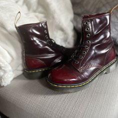 Red Dr Martens. Woman’s Size 8. Like New. Fitted Burgundy Casual Boots, Classic Red Winter Boots, Red Dr Martens, Dr Martens Shoes, Martens Shoes, Moto Boots, Dr. Martens, Black Red, Black And Red