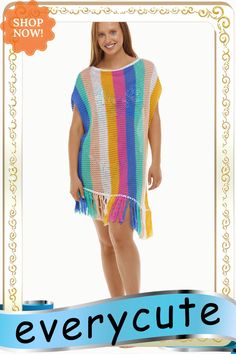 Multicolor Stripe Tasseled Crochet Beach Cover Up Multicolor Summer Cover-up With Tassels, Multicolor Tassel Summer Cover-up, Multicolor Tassel Beach Cover-up, Multicolor Tassel Cover-up For Summer, Bohemian Multicolor Tassel Cover-up, Multicolor Casual Beach Season Cover-up, Casual Multicolor Beach Season Cover-up, Spring Multicolor Tasseled Cover-up, Beach Casual Tasseled Cover-up