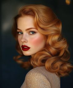 Retro Waves Christmas Hairstyle: Deep Side Part Retro Waves Pretty Redheads, Interesting Hair, Classic Makeup Looks, Christmas Hairstyle, Deep Side Part, Glamour Look, Classic Glamour, Pretty Redhead, Classic Makeup