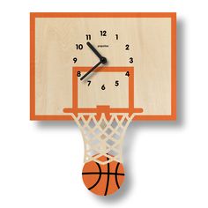 an orange and white clock mounted to the side of a basketball hoop with a basketball on it