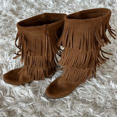 Excellent Condition, New Without Tags, Leather Fringe Boots By Minnetonka. All Leather Size 6. Did Someone Say Coachella? Bonaroo? Casual Fringe Boots With Round Toe, Casual Brown Boots With Fringe, Casual Brown Fringe Boots, Casual Brown Festival Boots, Casual Brown Boots For Festival, Fringe Boots, Leather Fringe, Leather Boots, Size 6