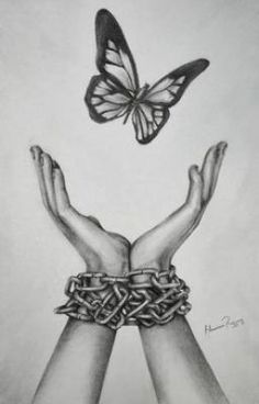 two hands with chains and a butterfly above them