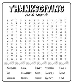 the thanksgiving word search is shown in black and white with words that spell it out