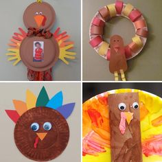 four different paper plates decorated with turkeys and other things to make them look like turkeys