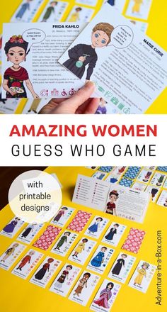 the amazing woman guess who game with printable designs on it and text overlay that reads, amazing women guess who game