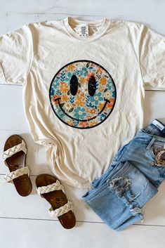 Bohemian Vintage Flowers Happy Face Graphic Tee - Ivory Face Graphic, Happy Face, Vintage Bohemian, Vintage Flowers, Comfort Colors, The Holiday, Print On Demand, Graphic Tee, Spun Cotton