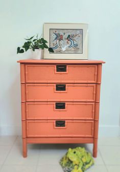 an orange dresser with four drawers and a potted plant next to it on the floor