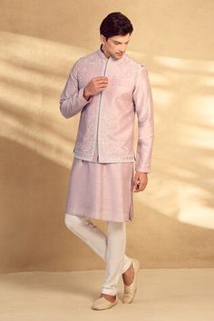 Pink bundi with floral embroidered motifs and mirrorwork. Comes with kurta and pant. - Aza Fashions Wedding Nehru Jacket With Mirror Work, Fitted Nehru Jacket With Gota Work For Navratri, Nehru Jacket With Floral Embroidery For Reception And Festivals, Floral Embroidered Nehru Jacket For Reception And Festivals, Floral Embroidered Nehru Jacket For Festivals And Receptions, Festival Nehru Jacket With Floral Embroidery For Reception, Festive Nehru Jacket With Floral Embroidery, Festive Chanderi Nehru Jacket With Gota Work, Eid Nehru Jacket With Gota Work In Chanderi