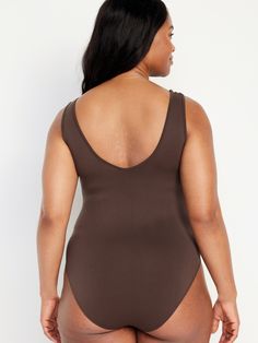 deep v-neck sleeveless covered snaps at inseam fitted models are approx.  5'9" and wear sizes s (4), l (12), and xl (18)machine wash according to the care instruction label spandex 8% nylon 92% Brown Fitted V-neck Swimwear, Fitted Brown V-neck Swimwear, V-neck Tank Top For Swimming, Tank Top Bodysuit, Layered Tank Top, Tank Bodysuit, Layering Tanks, Base Layer, Deep V Neck