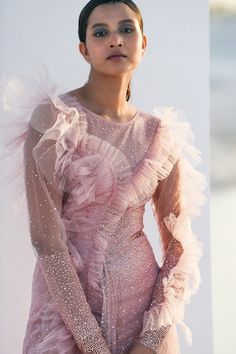 Pink nylon gown with crystals hand embroidery and ruffles. - Aza Fashions Pink Gowns, Ladies Gown, Gowns Online, Aza Fashion, Online Design, Hand Embroidered, Hand Embroidery, Ruffles, Embroidery