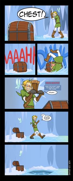 a comic strip with an image of the legend of zeldan and his chest