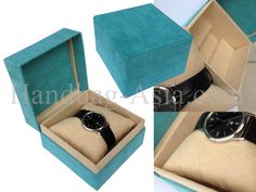 two different views of a watch in a box with its lid open and showing the inside