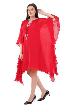 Red kaftan with placed crystal sequin embellishments and tassels. - Aza Fashions Red Kaftan, Kaftan Pattern, Kaftan For Women, Diana Penty, Eid Party, Kareena Kapoor Khan, Luxury Sale, Kiara Advani, Cape Sleeves