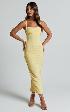 ABEGAILLE Midi DRESS - BODYCON DRESS in Lemon | Showpo USA Spring Bodycon Maxi Dress With Straight Neckline, Fitted Maxi Length Bodycon Dress For Club, Chic Fitted Longline Bodycon Dress, Elegant Stretch Midi Dress For Club, Chic Stretch Longline Dress, Fitted Midi Length Maxi Dress For Club, Chic Bodycon Maxi Dress For Club, Spring Longline Fitted Bodycon Dress, Chic Bodycon Maxi Dress With Straight Neckline