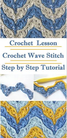 the crochet wave stitch pattern is shown in blue and yellow