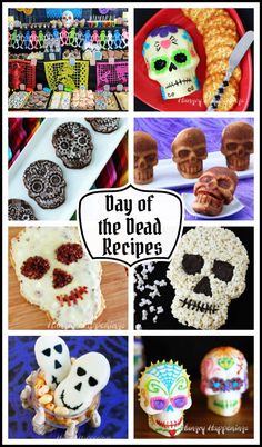 the day of the dead food and desserts are on display in this collage