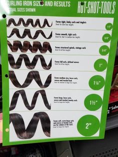 Curling iron curl size guide Curl Types Curling Iron, Different Curling Iron Sizes, Different Type Of Curls With Curling Iron, Curling Iron Size Guide, Curls With 1 1/2 Inch Curling Iron, .75 Inch Curling Iron Curls, Curling Hair, Styling Iron