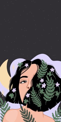 an illustration of a woman's face with leaves on her shoulders and the moon in the background