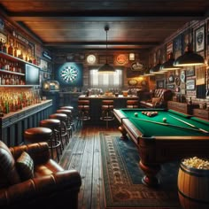 Step into a spacious man-cave with an earthy ambience. A rustic bar is loaded with spirits, across from a cozy lounge with a big-screen TV. Enjoy a game of pool or darts, or challenge your friends to foosball. Vintage memorabilia, neon signs, and a jukebox add to the fun. Popcorn anyone? 

#HomeDecor #ManCave #InteriorDesign #GameRoom #BarDesign #HomeImprovement Bar Themes, Tiny Cabin Plans, Vintage Sports Decor, Fun Popcorn, Small Man Cave, Rustic Man Cave, Brewery Bar, Cave Design