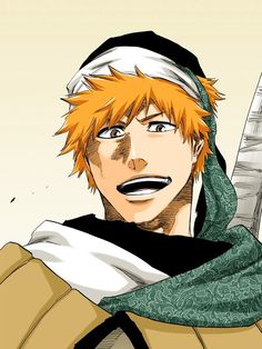 an anime character with orange hair wearing a scarf and holding a knife in his hand