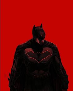 a batman standing in front of a red background